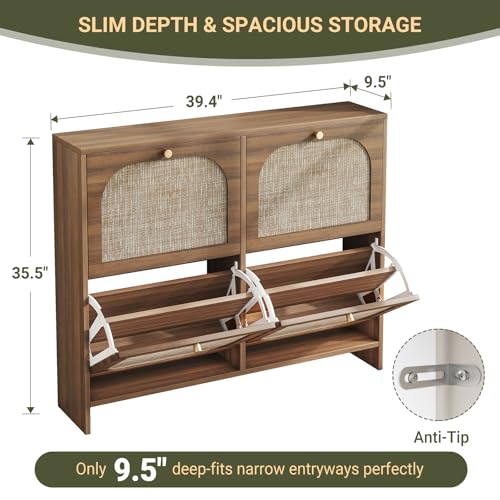 Freestanding Ultra Slim Arched Accent Entryway Shoe Storage - 4 Flip Drawers & 3-Tier Adjustable Shelves, Modern Slim Shoe Cabinet for Hallway, Foyer (flip Down Shoe Cabinet | Amber Oak) - color: Brown