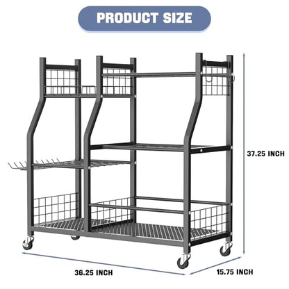 WALMANN Garden Tool Organizer with Wheels for Garage, Large Storage Capacity, Rakes/Shovels/Yard Tools Storage Stand for Shed, Garden, Indoor/Outdoor Long-Handled Tools Rolling Cart - style: Large-stand