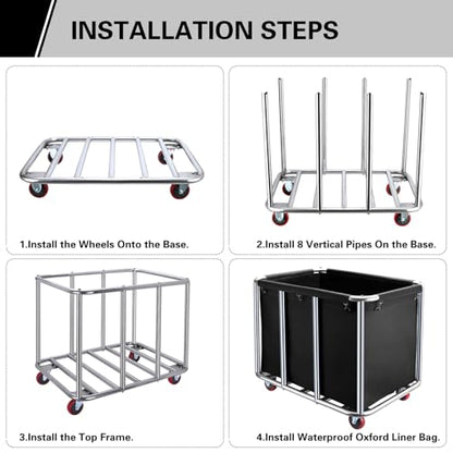 Commercial Laundry Cart with Wheels,400L Large Industrial Laundry Cart,Commercial Laundry Basket with Sturdy Stainless Steel Frame and Oxford Bag for Home Hotel Hospital 440 lbs (Black) - color: Black