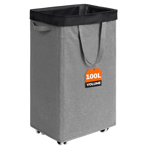 CHICVITA 100L Slim Laundry Basket with Wheels & Wash Bag, Light Grey | Removable wash bag, space-saving slim design for bedroom and college dorm. Rolling clothes hamper - color: Light Grey, size: 100L (16.5"L x 12.6"W x 29.5"H)