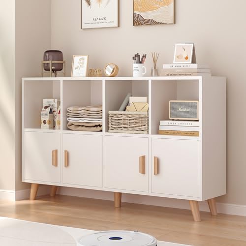 8-Cube Bookcase with Doors, 2-Tier Low Storage Cabient, Warm White | Solid Wood Legs and Door Handles, Cubby Shelf with 4 Doors, Fits 11×11" Bins for Home & Office - color: Warm White