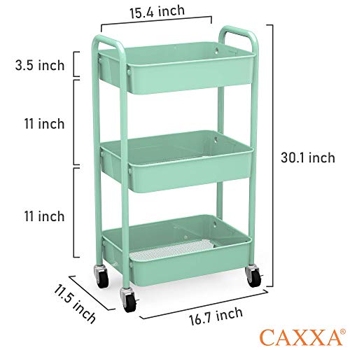 3-Tier Rolling Metal Storage Organizer - Mobile Utility Cart, Kitchen Cart with Caster Wheels (Aqua Green) - color: Aqua Green