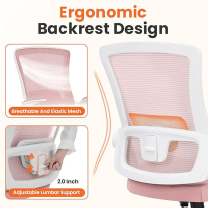 NEO Chair Office Desk Gaming Chair Computer High Back Mesh Seat with Rolling Wheels Ergonomic Adjustable Comfy Flip-up Armrests Lumbar Support Height for Home (Pink White Frame) - color: Pink