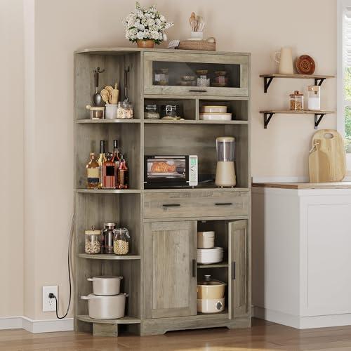 DWVO 67" Farmhouse Kitchen Pantry Cabinet with Storage Cabinet, Ash Gray | Coffee Bar & Charging Station, Buffet Sideboard, Microwave Stand, Hutch Cupboard for Dining Room Kitchen Living Room - color: Ash Gray