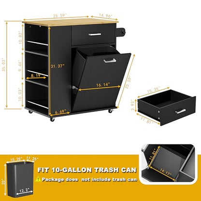 HQZX Rolling Kitchen Island with Trash Can Storage, Portable Kitchen Island on Wheels with Towel Rack & Spice Rack, Tilt Out Trash Can Cabinet with Drawer, Mobile Island Cart (Black) - color: Black