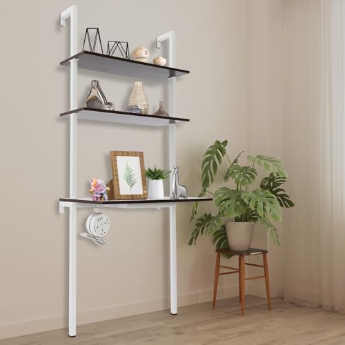 2-Shelf Industrial Wall Mount Ladder, Wall Mount Computer or Writing Desk, Computer Laptop Desk with Shelves, Floating Desk with Storage, Wall Table for Home Office, White (20"x30"x72.5") - color: White/ Brown