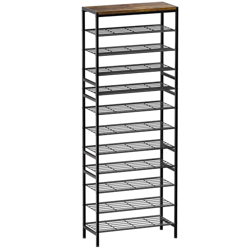 12 Tier Metal Shoe Rack with Wood Top, 40-48 Pairs Rustic Brown | Tallest 77.5in for maximum storage. 3 iron sheets for heels. Removable layer fits tall boots. Display top. - color: Rustic Brown, size: 12-tier