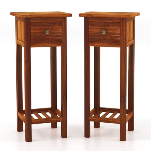 Giantex Tall End Table Set of 2, Narrow Side Table with Drawer and Shelf, Acacia Wood Nightstand for Living Room, 2-Tier Bedside Table for Small Space, No Assembly, Rustic Brown - color: Rustic Brown