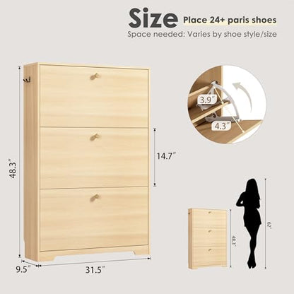 Nicetree Shoe Cabinet with 3 Flip Drawers，Freestanding Shoe Storage Cabinet, Narrow Shoe Organizer Cabinet, Farmhouse Slim Shoe Rack Cabinet for Entryway,Natural Oak with Hook - color: Natural Oak, style: 3-Drawers with Hook