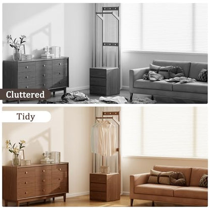 Solid Wood Coat Rack Freestanding,Standing Coat Rack with 3 drawers,Clothing Racks for Hanging Clothes,Narrow Hall Tree with Storage,Walnut Nightstand with 6 Coat Hooks for Bedroom Entryway Corner - size: 3 drawers