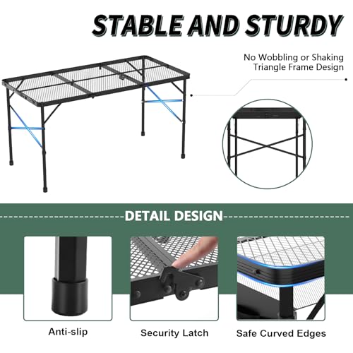 WildFinder Folding Gril Table, 4x2 FT Camping Table with Mesh Desktop,Height Adjustable Folding Grill Table with Mesh Bag,Portable Outdoor for Picnic,Camping,BBQ,Beach(Black) - size: 4x2FT