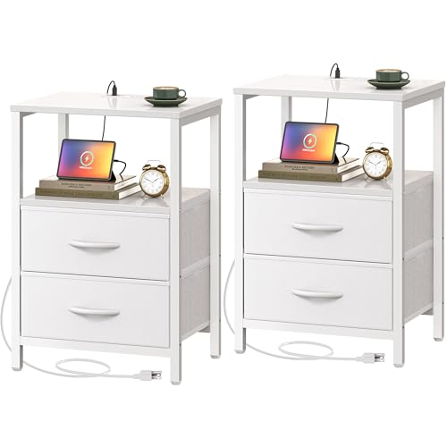Huuger Nightstands Set of 2, End Tables with Charging Station, Side Tables with Fabric Drawers, Bedside Tables with USB Ports and Outlets, Night Stands, PU Leather, White - color: White, size: 11.8"d X 15.7"w X 23.6"h (2 Drawers)