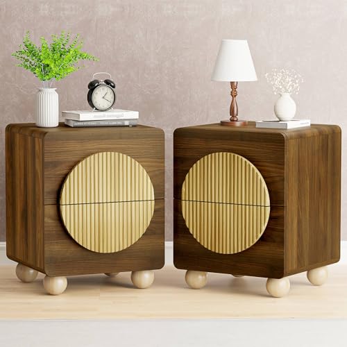 23" Fluted Nightstand with Solid Wood Legs Set of 2, Modern Style Walnut Bedside Table with Round Moon Handle & Storage, Mid Century Cute Night Stand for Bedroom, Side Table, End Table - color: Yp-walnut, size: 2 PCS