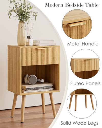 Oak Fluted Nightstand, Modern Bedside Table with Storage Drawer, Wood Night Stand Side End Table for Bedroom, Living Room, Office - color: Oak
