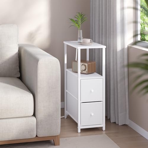 TUTOTAK Small Narrow End Table with Charging Station, Set of 2, Side Table with Outlets, Nightstand with 2 Cloth Drawers, Couch Table, for Living Room, Bedroom, Bedside, White TB01BW055 - color: White, style: 2 Drawers & Plug