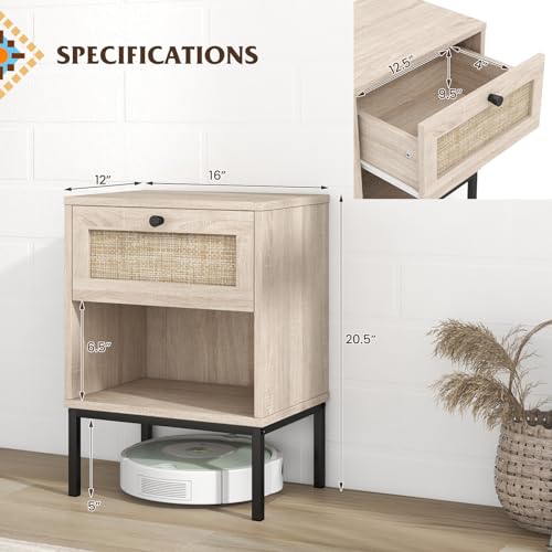 Giantex Rattan Nightstand with Drawer, Boho Side Table with 4 Metal Legs and Open Storage Shelf, Farmhouse Wood Night Stand for Small Spaces, 2 Tier Bedside Table for Bedroom Office, Oak - color: Oak