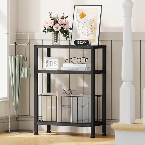 Heybly Small Narrow Side Table for Small Space, Thin Bedside TableHET007BK1 | Thin Bedside Table with Storage Basket, Slim Nightstand, Couch Table for Living Room, Bedroom, Study, Balcony, Black - color: Black-diy Basket