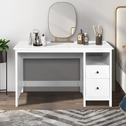Vikiullf White Desk with Drawers, 47” Modern Home Office Study Computer Writing Desk with Storage Cabinet & Open Shelf, Simple Vanity Table for Bedroom
