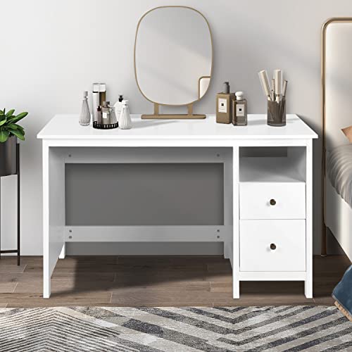 Vikiullf White Desk with Drawers, 47” Modern Home Office Study Computer Writing Desk with Storage Cabinet & Open Shelf, Simple Vanity Table for Bedroom