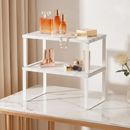 CADUKE Counter Shelf Set of 4 Kitchen Cabinet Shelf Organizer Stackable Expandable Countertop Shelf Organizer Spice Rack for Bathroom Pantry Racks,Metal and Engineered Wood, Marble White - color: Marble White