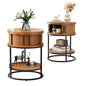 Turtle&Myrtle Small Round Side Table with Storage, 2-Tier Wooden End Table with Sliding Door and Shelf, Mid-Century Circle Nightstand for Living Room, Bedroom, Walnut, 2PC - style: Mid-Century Modern-2PC