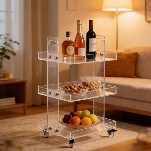 3-Tier Acrylic Utility Rolling Cart,Clear Multifunction Storage Organizer on Wheels Mobile Trolly Side Table for Home Kitchen Bathroom Living Room,Narrow Space Snack Cart