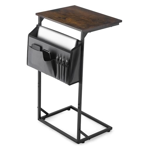 C Shaped End Table for Couch, Small Side Table for Living Room & Bedroom, Slide Under Sofa Table for Laptop, Coffee, Snacks, Easy Assembly, Modern Design - color: Brown, size: With Storage Bag