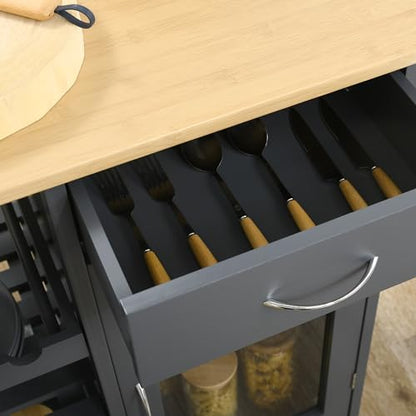 HOMCOM Rolling Kitchen Island with Storage, 4-Bottle Wine Rack, Gray | Small Kitchen Island, Bar Cart with Stemware Holder, Shelves, Drawer and Cabinet