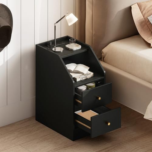 KOMFOTT Set of 2 Side Tables with Charging Station, End Tables with Storage Drawers, Sofa Couch Tables for Small Space, Modern Narrow Nightstands for Bedroom (Black,2) - color: Black