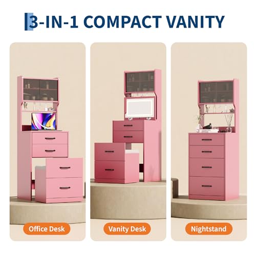 Garvee 3 in 1 Vanity Desk with 3 Color LED, Compact Makeup Vanity Set with 2 AC Outlets & USB, Dressing Table with Drawers & Acrylic Doors, Nightstand Vanity Mirror, Jewelry Box, Hidden Chair, Pink - color: Pink