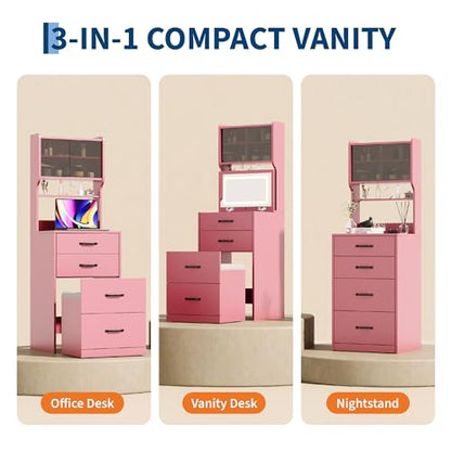 Garvee 3 in 1 Vanity Desk with 3 Color LED, Compact Makeup Vanity Set with 2 AC Outlets & USB, Dressing Table with Drawers & Acrylic Doors, Nightstand Vanity Mirror, Jewelry Box, Hidden Chair, Pink - color: Pink
