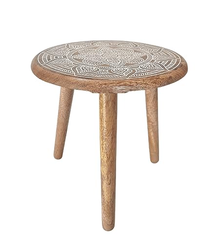 VANIYA CRAFTS® Wooden Engraved Fold-able Side Table/End Table/Plant Stand/Stool for Living Room Bedroom Restaurant Kids Play Furniture Table Round Shape (Natural White 1) - color: Natural White 1