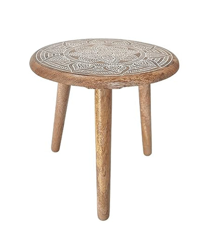 VANIYA CRAFTS® Wooden Engraved Fold-able Side Table/End Table/Plant Stand/Stool for Living Room Bedroom Restaurant Kids Play Furniture Table Round Shape (Natural White 1) - color: Natural White 1