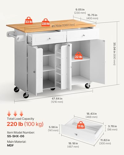 VEVOR Kitchen Island Cart with Storage, 42.36 in Wide Island Table for Kitchen, with 2 Drawers, Storage Cabinet, Table for Home Dining Room, White - size: 42.36"W
