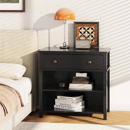 End Table with Drawer and 2 Tier Shelves, Wood Sofa Side Table for Living Room, Modern Nightstand Bedside Table for Bedroom, Small Console Table for Entryway, Hallway, Black - color: Black