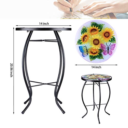 MUMTOP Outdoor Side Table - Patio Table Mosaic Coffee SideTables Glass Accent Table 14’’Round SmallTable Plant Stand for Indoor Garden Balcony (Sunflower) - color: Sunflower