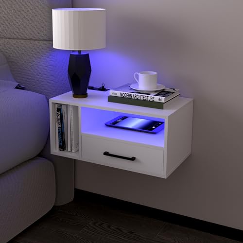Homaterial Floating Nightstand with Charging Station and LED Lights, Floating Bedside Table with Drawers Wall Mounted Nightstands,for Bedroom Room, 21.3" x 11.8" x 10",White - color: White