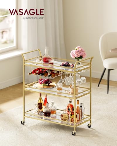 VASAGLE Bar Cart Gold, Large Home Bar Serving Cart with 3-Tier Mirrored Shelf, Wine Holders, Glass Holders, Kitchen, 15 x 33.9 x 35.4 Inches, Gold ULRC083A02 - color: Gold, size: 15"D x 33.9"W x 35.4"H