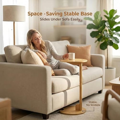Bamboo Side Table for Sofa - Adjustable Height C Shaped End Tables for Small Spaces, Couch, Bedside, Living Room, 12.6x12.6x26 Inch TV Tray Round Stand for Drink, Snack, Coffee (Natural) - color: Natural