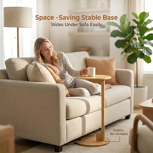 Bamboo Side Table for Sofa - Adjustable Height C Shaped End Tables for Small Spaces, Couch, Bedside, Living Room, 12.6x12.6x26 Inch TV Tray Round Stand for Drink, Snack, Coffee (Natural) - color: Natural