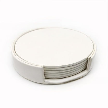 Leather Coaster Set - 4.3 Inch Round Desk Drink Pads for Hot & Cold Beverages, Office & Home Use (White) - color: White