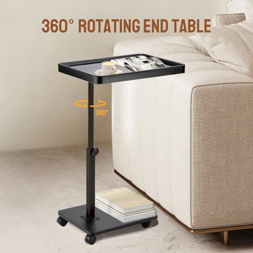 Adjustable C Shaped Side Table, C Table End Tables with Wheels for Sofa, 360° Swivel Sofa Tables for Livingroom,Bedroom,Study and Small Spaces (Glossy Black) - color: Glossy Black With Wheels