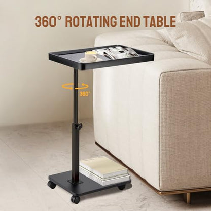 Adjustable C Shaped Side Table, C Table End Tables with Wheels for Sofa, 360° Swivel Sofa Tables for Livingroom,Bedroom,Study and Small Spaces (Glossy Black) - color: Glossy Black With Wheels