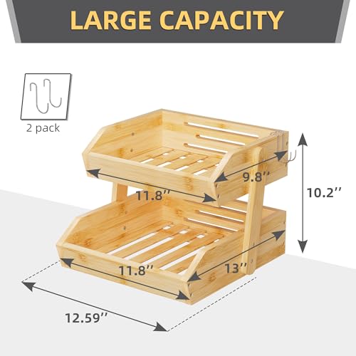 Hellojin Bamboo 2 Tier Fruit Basket with Dual Banana Hangers | Wooden Tiered Organizer, Protective Mats, Large Capacity, Versatile Holder for Bread, Snacks, Veggies, Onion and Potato - color: Bamboo-2 tier