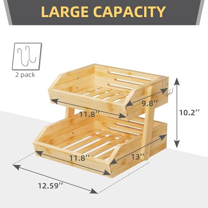 Hellojin Bamboo 2 Tier Fruit Basket with Dual Banana Hangers | Wooden Tiered Organizer, Protective Mats, Large Capacity, Versatile Holder for Bread, Snacks, Veggies, Onion and Potato - color: Bamboo-2 tier