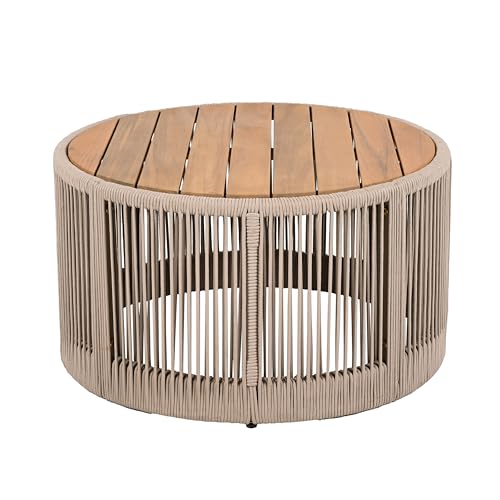 26" Outdoor Rustic Coffee Table,Rattan Rope & Acacia Wood Center Table with Round Top & Iron Frame, Easy Assembly, Versatile Weather-Resistant Patio Furniture for Garden, Yard, Balcony, Beige Teak - size: 26"