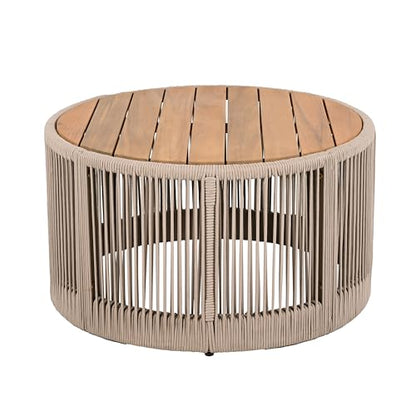 26" Outdoor Rustic Coffee Table,Rattan Rope & Acacia Wood Center Table with Round Top & Iron Frame, Easy Assembly, Versatile Weather-Resistant Patio Furniture for Garden, Yard, Balcony, Beige Teak - size: 26"