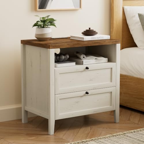 Farmhouse End Table with 2 Drawers, Wooden Nightstand with Open Storage Cable Hole Freestanding Wide Bedside Table for Bedroom Living Room Sofa, Rustic White and Honey Brown - color: 2 Drawers/Rustic White + Honey Brown, size: 1PC