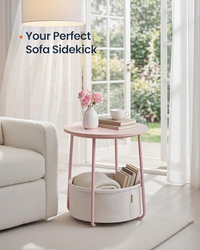 SONGMICS HOME Small Side Table, Round End Table, 2 Tier Nightstand with Basket, U Shaped Steel Legs, Easy Assembly, for Living Room, Bedroom, Pink and White - color: Pink + White, size: 1 pack