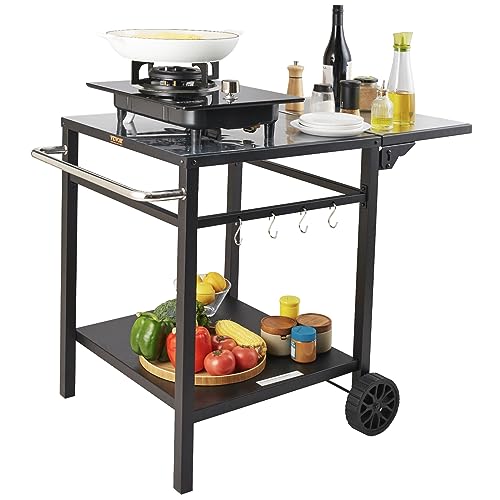 VEVOR Outdoor Grill Dining Cart with Double-Shelf, BBQ Movable Food Prep Table, Multifunctional Foldable Iron Table Top, Portable Modular Carts for Pizza Oven, Worktable with 2 Wheels, Carry Handle - size: 21.65"D x 21.65"W x 29.72"H, style: Iron Table To